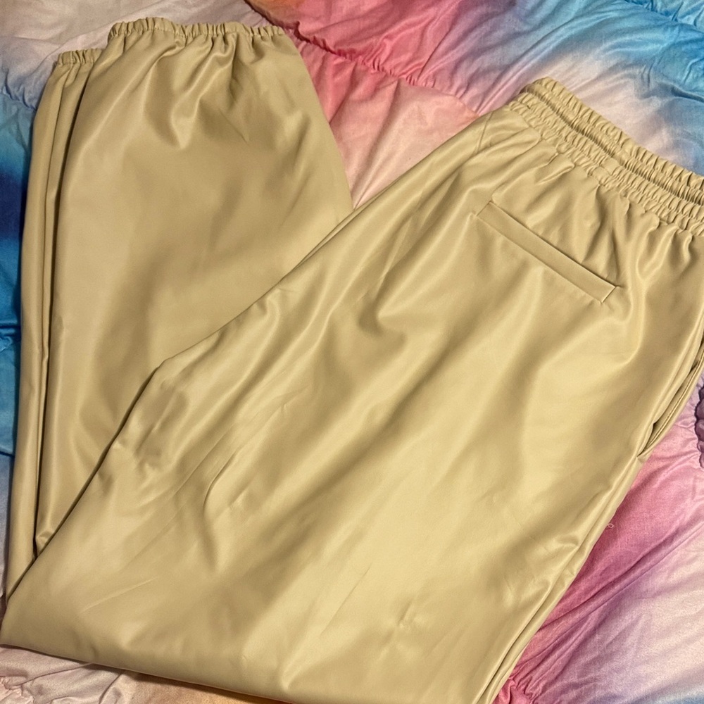 Beige Faux Leather Joggers